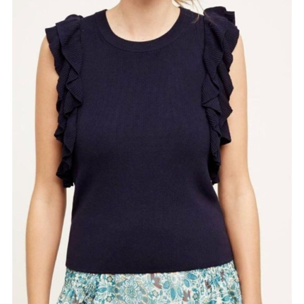 Knitted & Knotted CONSTANCE Navy Blue Ruffle Sleeve Knit Top Size Large Sweater